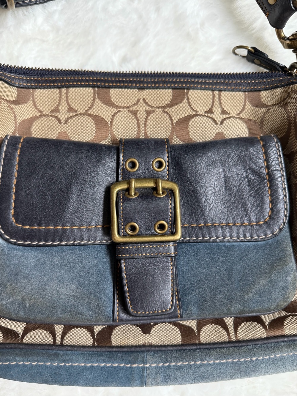 Coach Brown Logo Canvas Shoulder Bag with Dark Blue Leather Trim - Picture 3 of 10